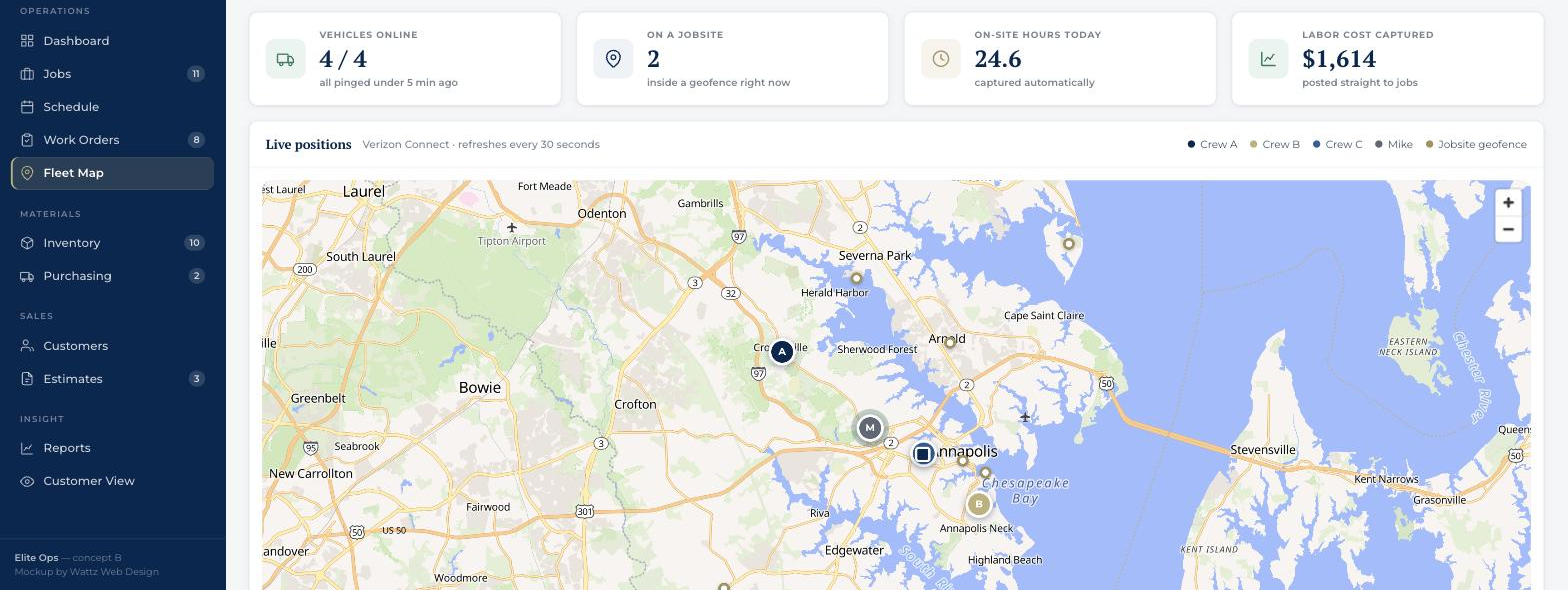 Fleet map showing Elite vans, jobsite geofences and on-site hours